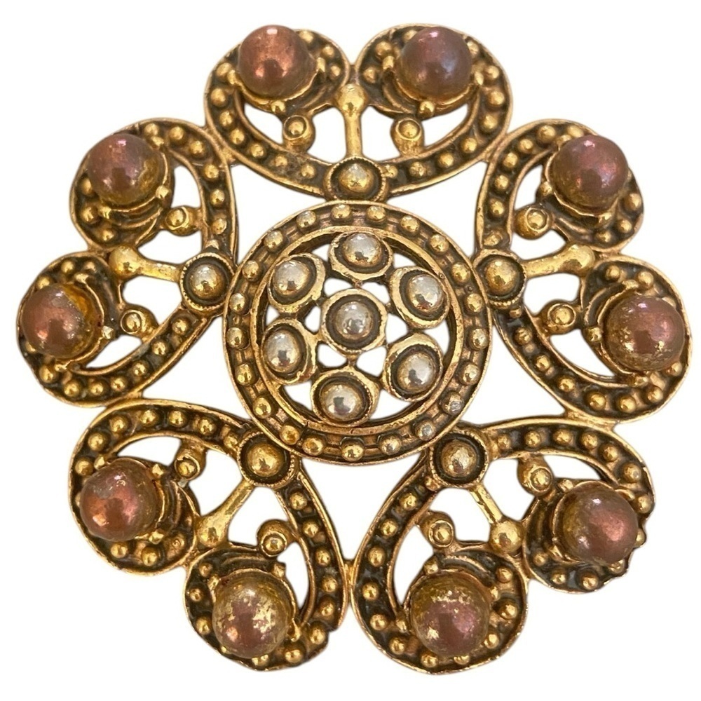 Vintage Florenza antique gold & bronze faux pearl round heart brooch marked